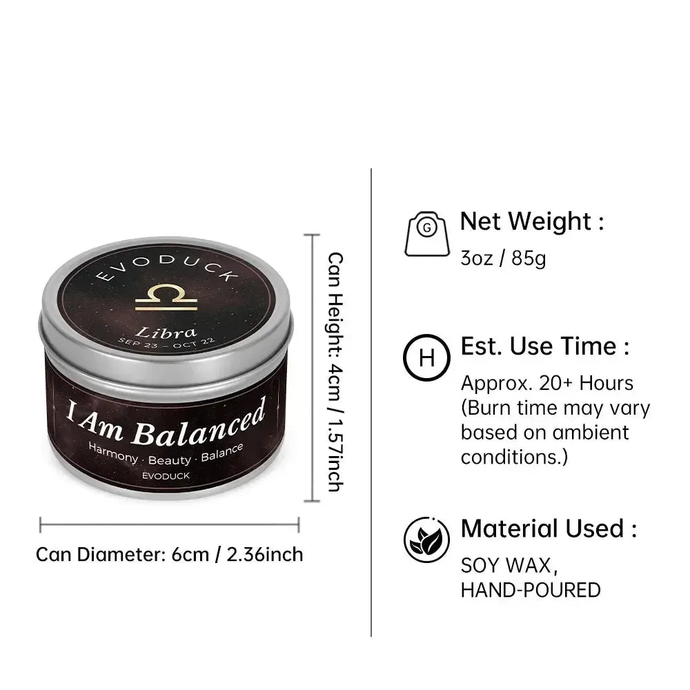 Libra Candle size specifications infographic - 3oz soy wax candle, 20 hour burn time, hand-poured