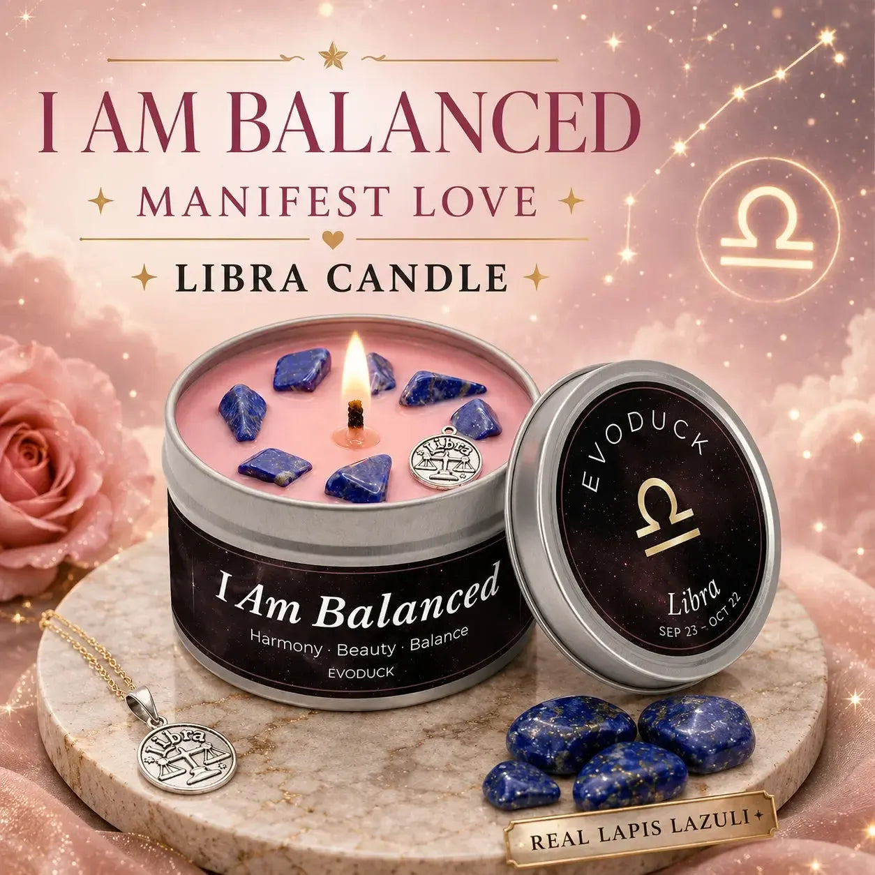 Libra Zodiac Candle I Am Balanced with lapis lazuli crystals and Libra charm - Manifest Love, Real Lapis Lazuli