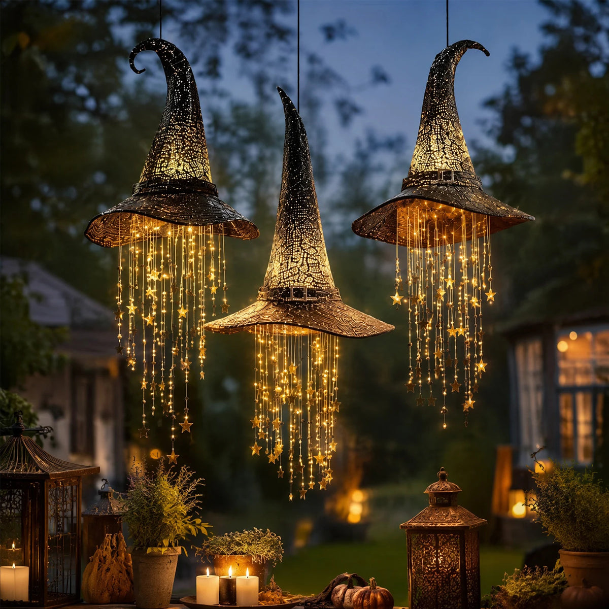 Halloween porch styled with the lighted witch hat chime