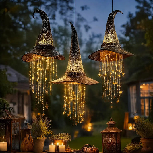 Halloween porch styled with the lighted witch hat chime