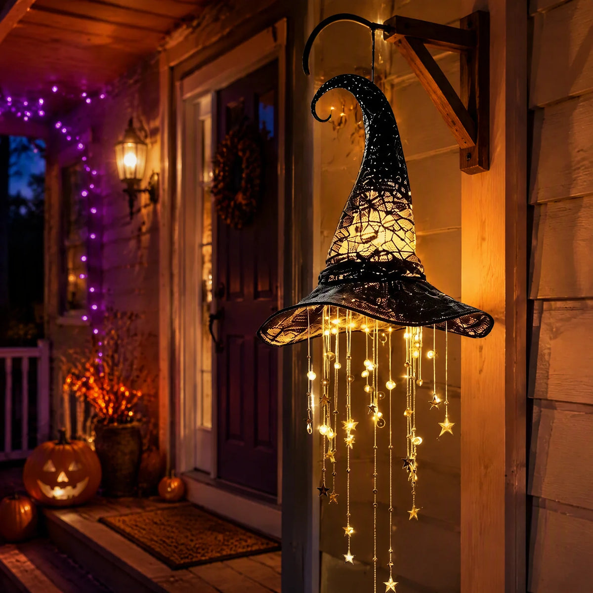 Glowing witch hat ornament seen from below