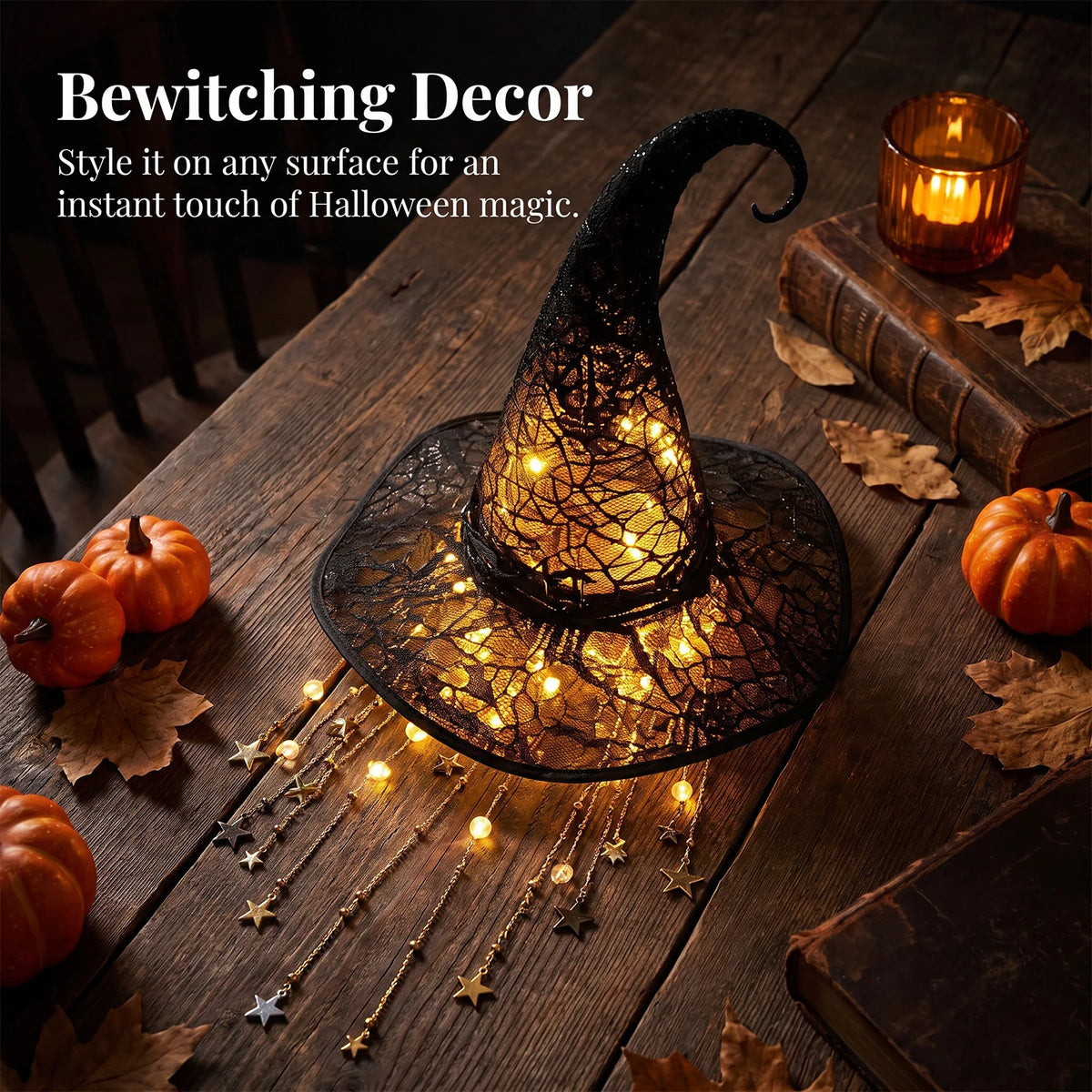 Witch hat chime hung above a party doorway