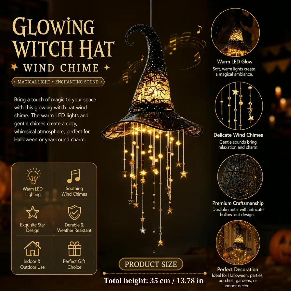 Size reference for the lighted witch hat hanging chime