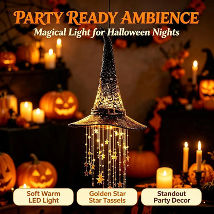 Lighted witch hat hanging chime with cascading star lights