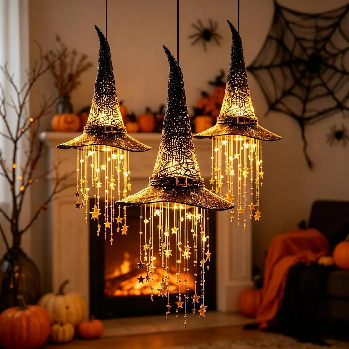 Witch hat chime glowing on a Halloween porch at night