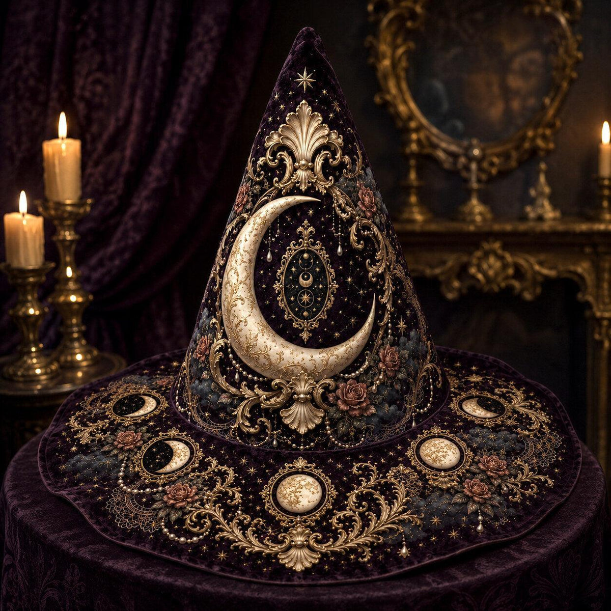 Lilith Gothic Witch Hat – Dark Goddess Moon Pearl Wide Brim Hat – styled with candles and crystals