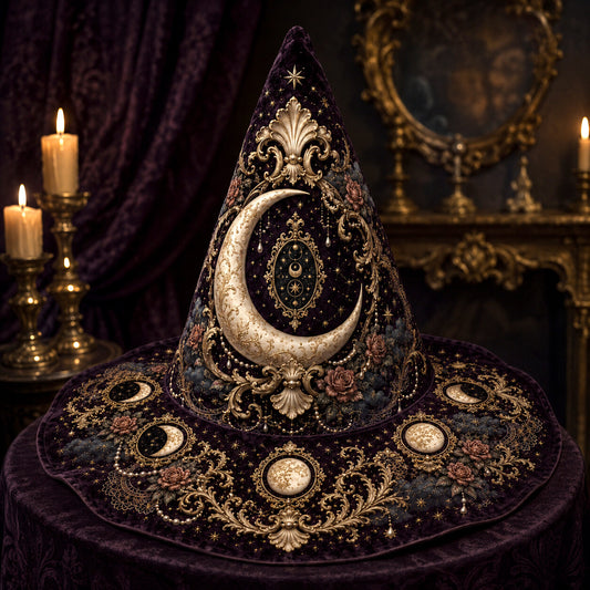 Lilith Gothic Witch Hat – Dark Goddess Moon Pearl Wide Brim Hat – styled with candles and crystals
