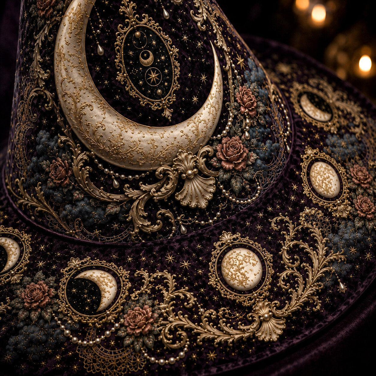 Lilith Gothic Witch Hat – Dark Goddess Moon Pearl Wide Brim Hat – quilting and print detail