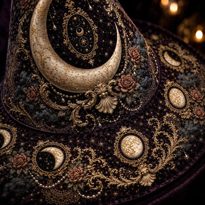 Lilith Gothic Witch Hat – Dark Goddess Moon Pearl Wide Brim Hat – quilting and print detail