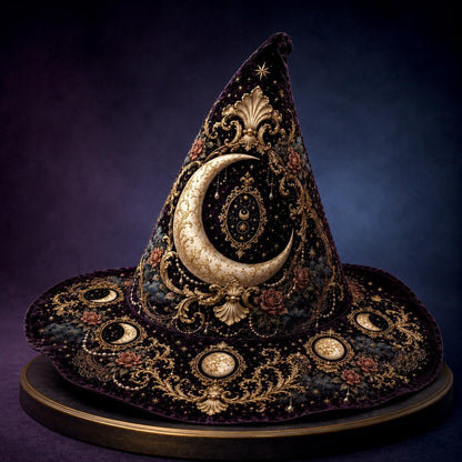 Lilith Gothic Witch Hat – Dark Goddess Moon Pearl Wide Brim Hat – held in both hands
