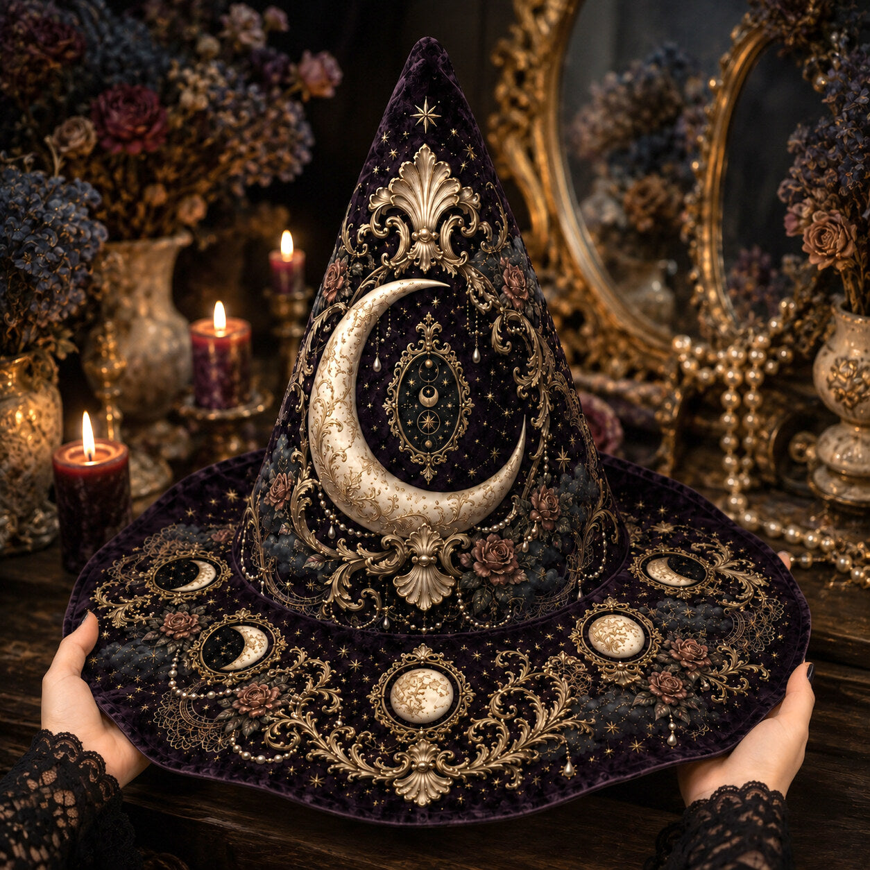 Lilith Gothic Witch Hat – Dark Goddess Moon Pearl Wide Brim Hat – on an altar table