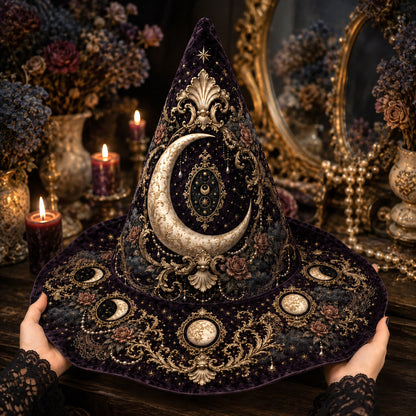 Lilith Gothic Witch Hat – Dark Goddess Moon Pearl Wide Brim Hat – on an altar table