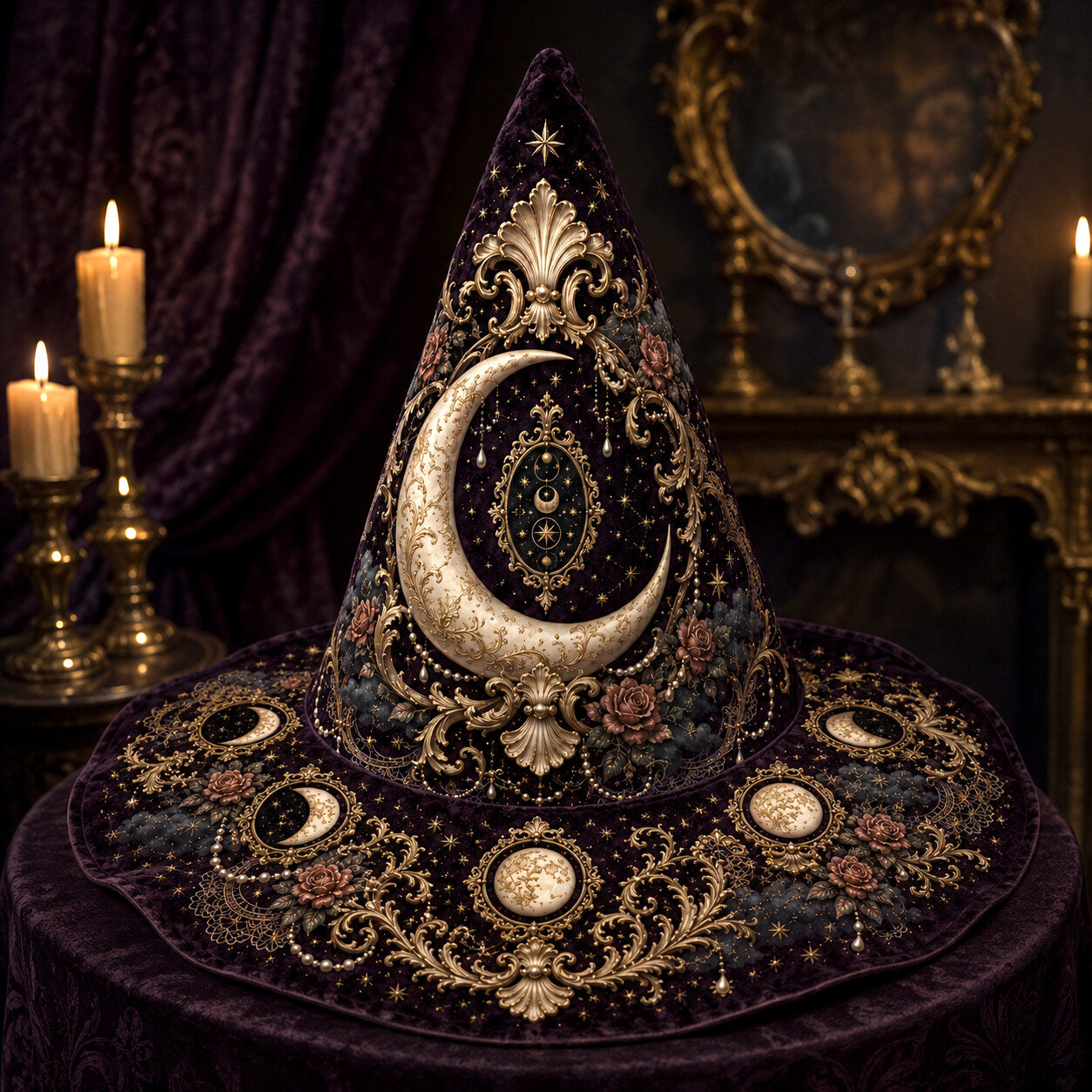 Lilith Gothic Witch Hat – Dark Goddess Moon Pearl Wide Brim Hat – styled with candles and crystals