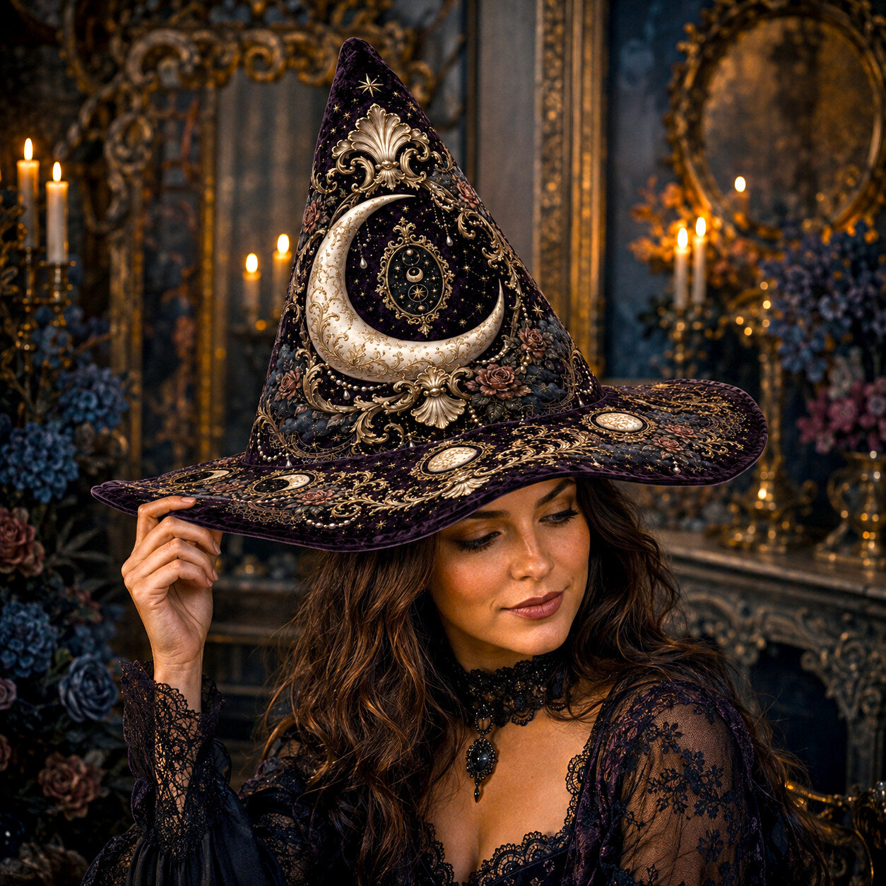 Lilith Gothic Witch Hat – Dark Goddess Moon Pearl Wide Brim Hat – worn, front view