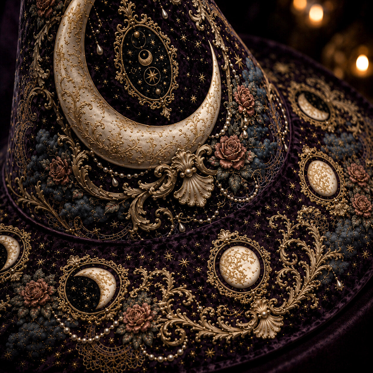 Lilith Gothic Witch Hat – Dark Goddess Moon Pearl Wide Brim Hat – quilting and print detail