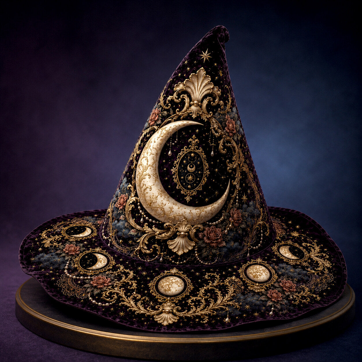 Lilith Gothic Witch Hat – Dark Goddess Moon Pearl Wide Brim Hat – held in both hands