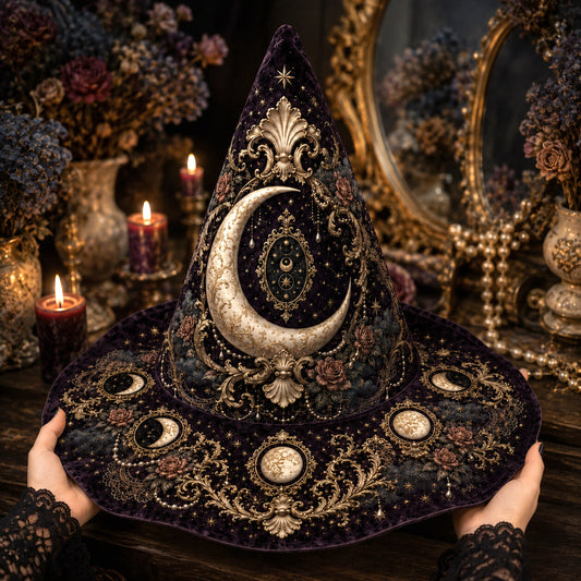 Lilith Gothic Witch Hat – Dark Goddess Moon Pearl Wide Brim Hat – on an altar table