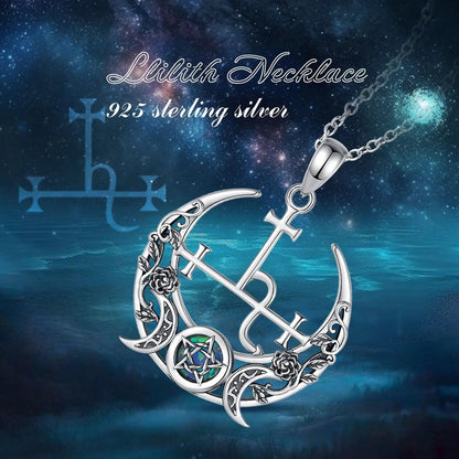 Sterling silver Triple Moon Goddess necklace with opal, intricate crescent moons, and rose details.