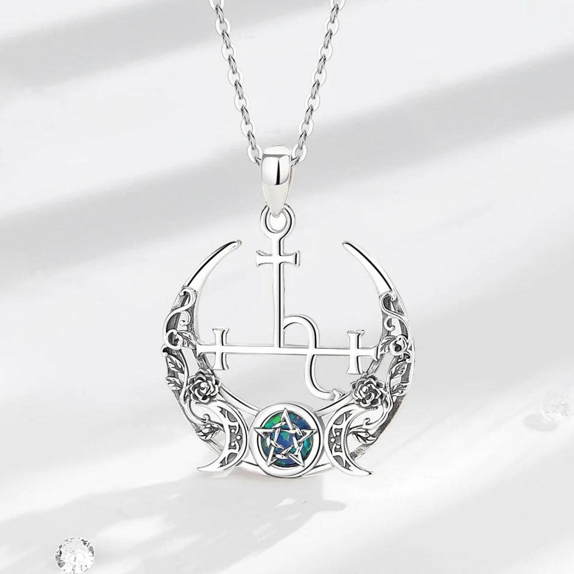 Sterling silver Triple Moon Goddess necklace with an opal pentagram and floral details.