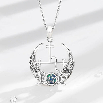 Sterling silver Triple Moon Goddess necklace with an opal pentagram and floral details.