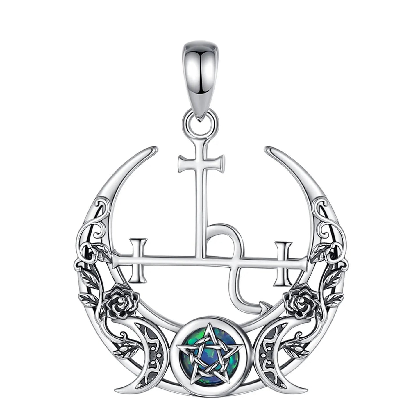 Stunning sterling silver Triple Moon Goddess necklace with an opal pentagram, intricate floral details, and a unique cross design.