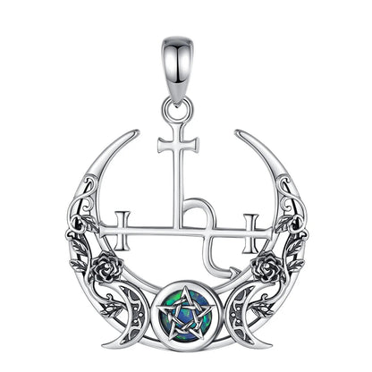 Stunning sterling silver Triple Moon Goddess necklace with an opal pentagram, intricate floral details, and a unique cross design.