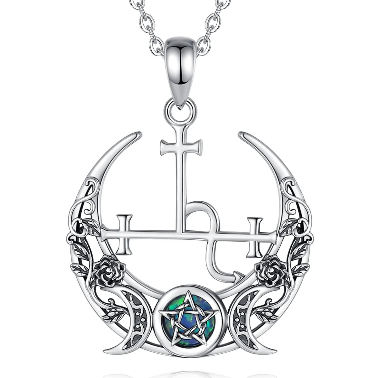 Sterling silver Triple Moon Goddess necklace with an opal pentagram and floral accents.