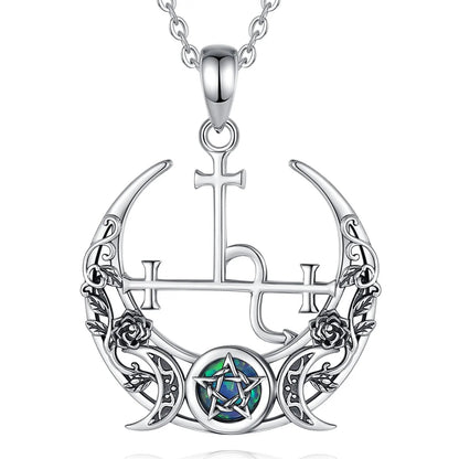 Sterling silver Triple Moon Goddess necklace with an opal pentagram and floral accents.