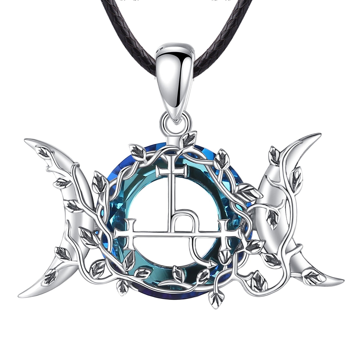 Sterling silver Lilith Moon Wicca Pagan necklace with a blue crystal and vine details, on a black cord.
