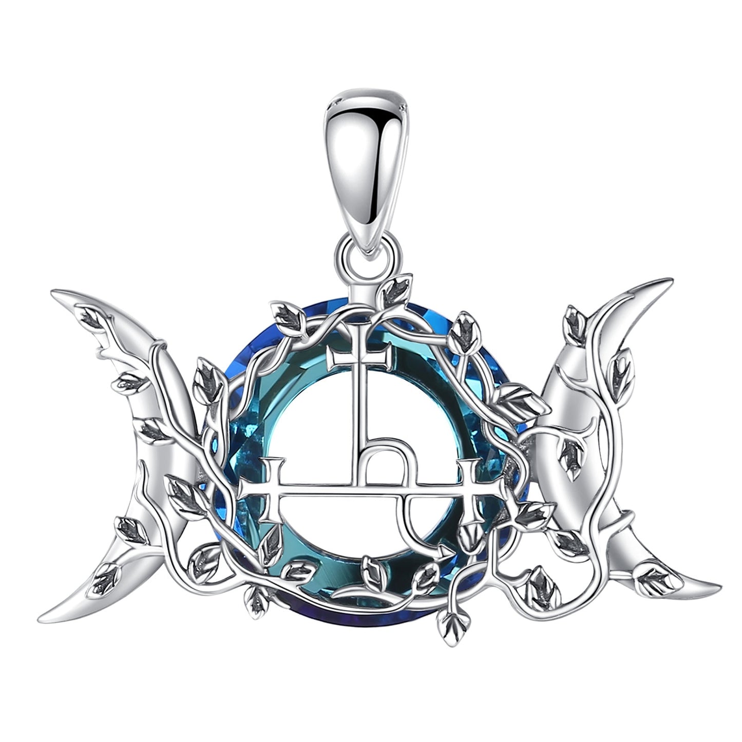 925 Sterling Silver Lilith Moon Wicca Pagan pendant with a vibrant blue crystal and intricate vine details.