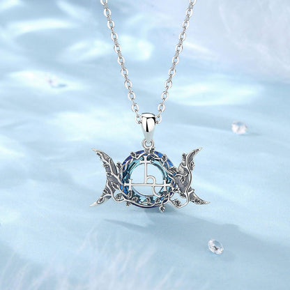 925 Sterling Silver Lilith Moon Necklace with blue crystal and intricate Wicca Pagan design.
