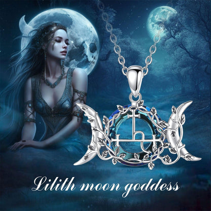 Sterling silver Lilith Moon Goddess Wicca Pagan necklace with a blue crystal and crescent moon design.