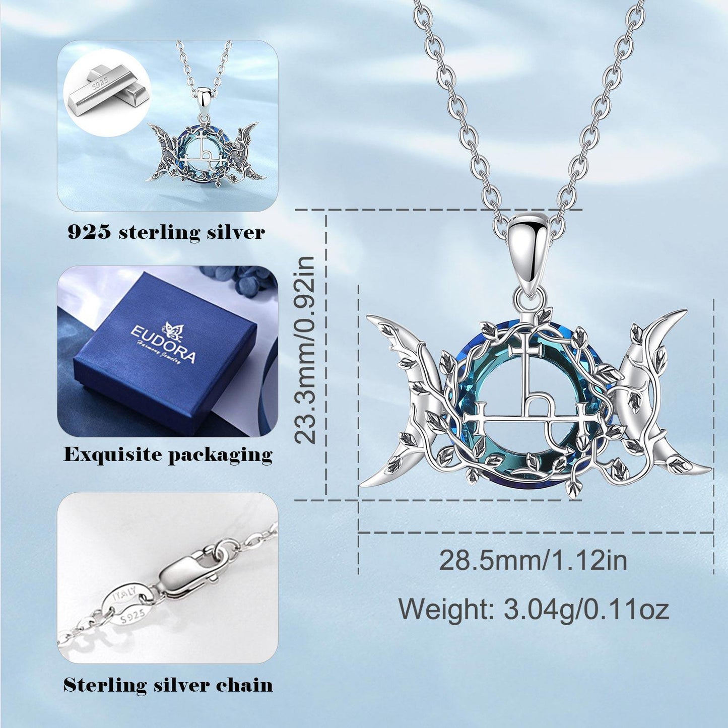925 sterling silver Lilith Moon Wicca Pagan necklace with blue crystal, 23.3x28.5mm pendant, and sterling chain.