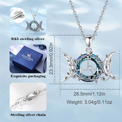925 sterling silver Lilith Moon Wicca Pagan necklace with blue crystal, 23.3x28.5mm pendant, and sterling chain.