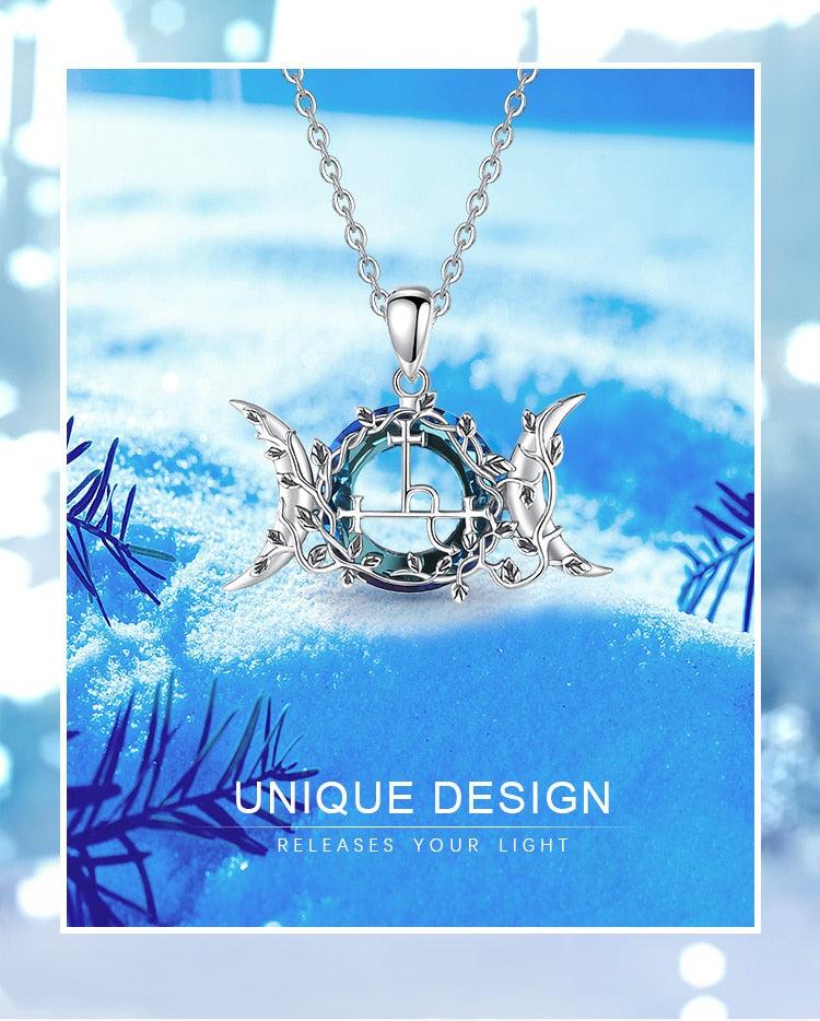 925 Sterling Silver Lilith Moon Necklace with unique Wicca Pagan design, featuring a blue crystal pendant on an 18-inch chain.