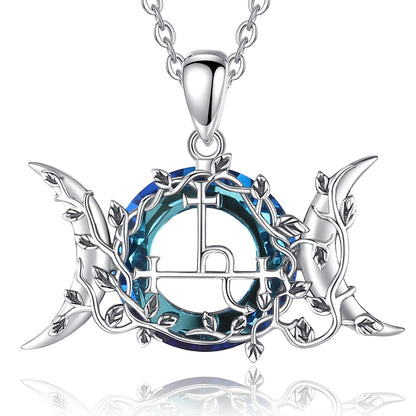 925 Sterling Silver Lilith Moon Necklace with blue crystal, featuring a Wicca Pagan triple moon and vine design.