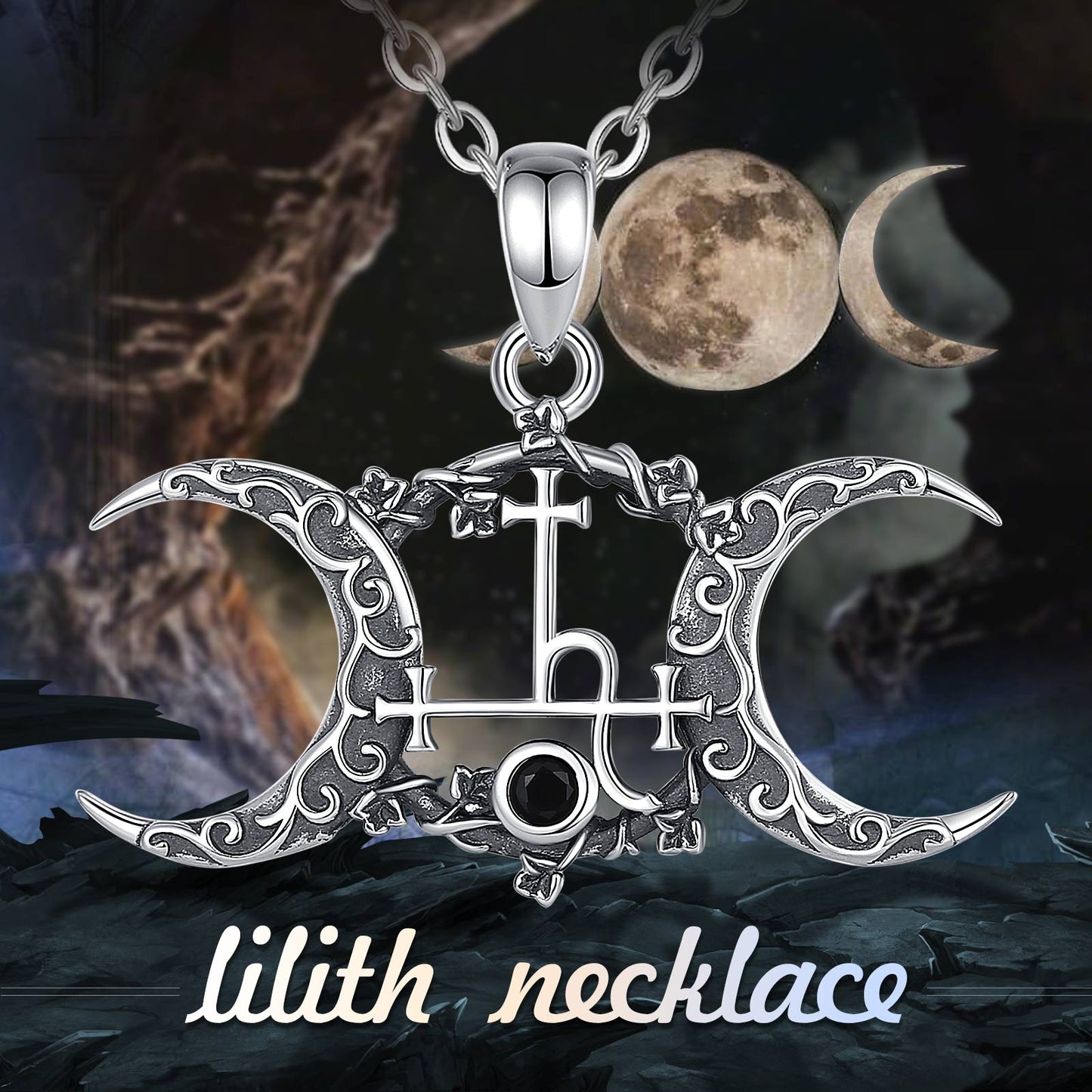 Exquisite 925 Sterling Silver Triple Moon Goddess Necklace with Lilith Sigil and black gem.