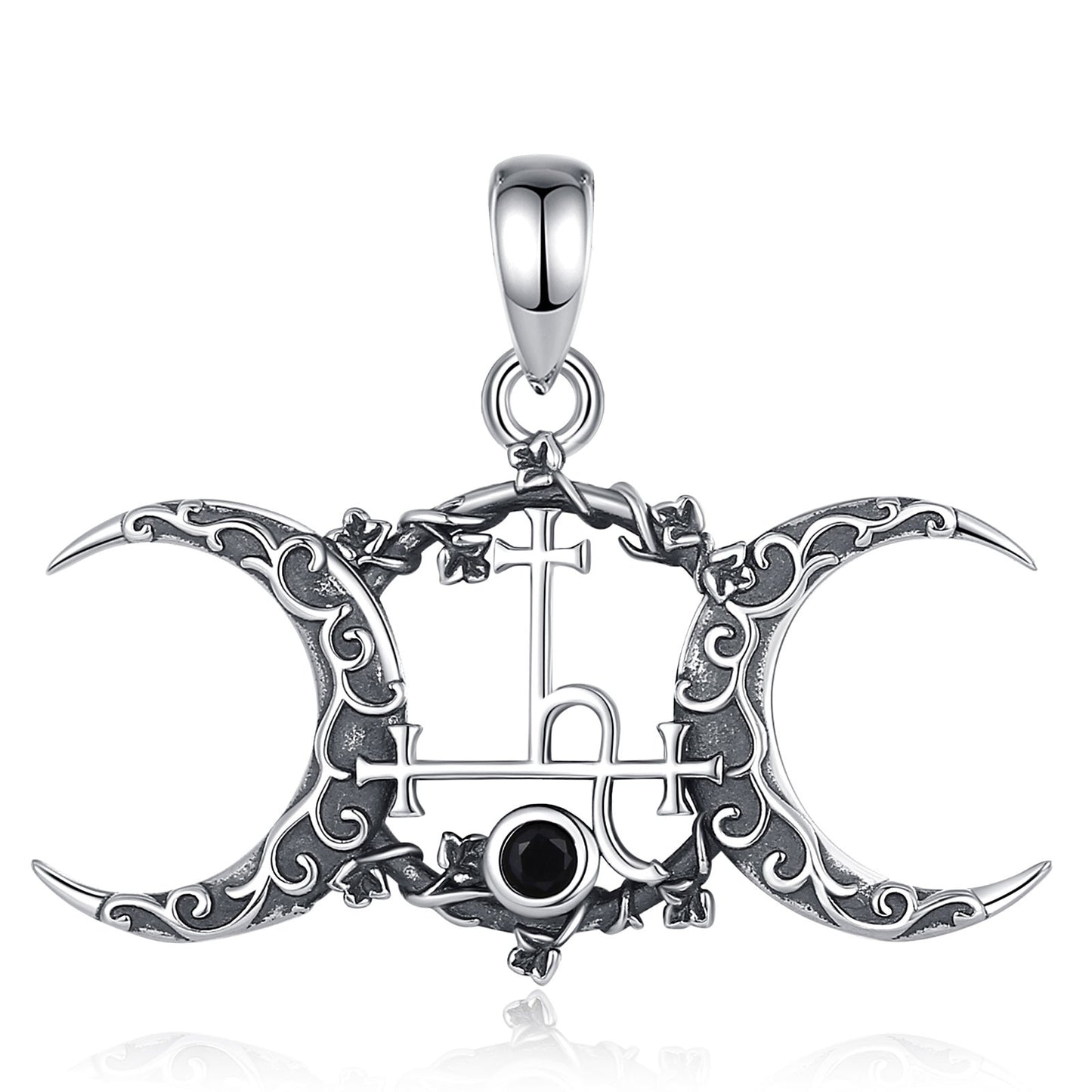 Exquisite 925 Sterling Silver Triple Moon Goddess Necklace with Lilith Sigil and black gemstone.