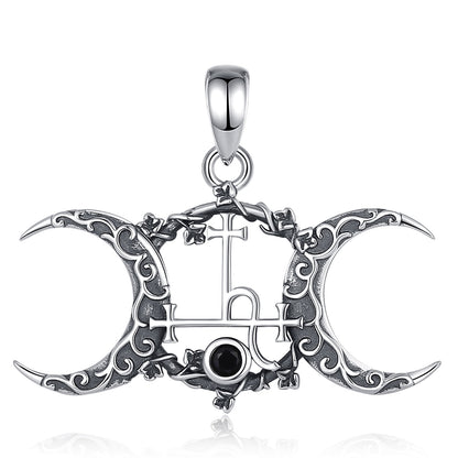 Exquisite 925 Sterling Silver Triple Moon Goddess Necklace with Lilith Sigil and black gemstone.
