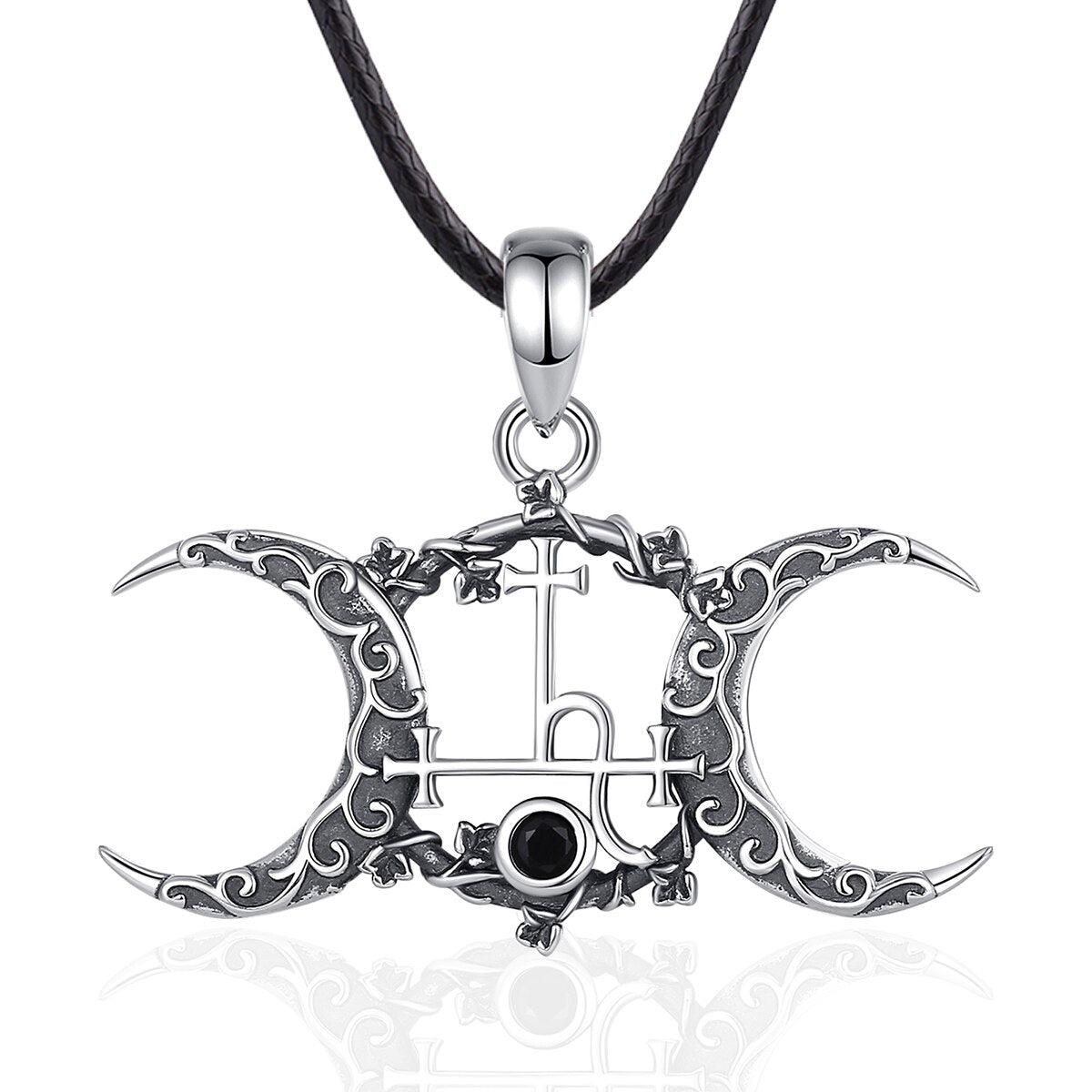 Exquisite 925 Sterling Silver Triple Moon Goddess Necklace with Lilith Sigil and black gemstone on a dark cord.