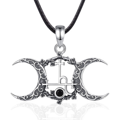 Exquisite 925 Sterling Silver Triple Moon Goddess Necklace with Lilith Sigil and black gemstone on a dark cord.