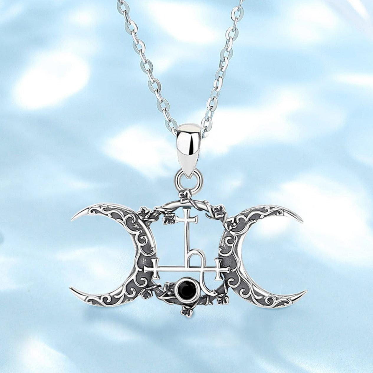 Exquisite 925 Sterling Silver Triple Moon Goddess Necklace with powerful Lilith Sigil and black gem.