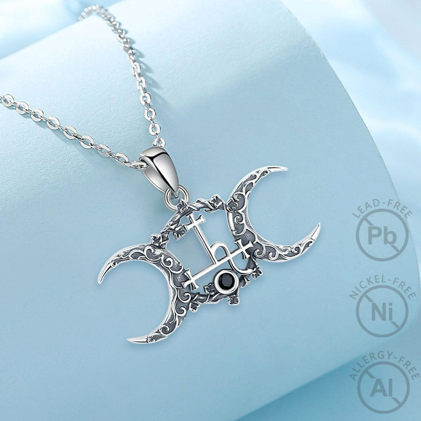 Exquisite 925 Sterling Silver Triple Moon Goddess Necklace with Lilith Sigil, hypoallergenic and lead-free.