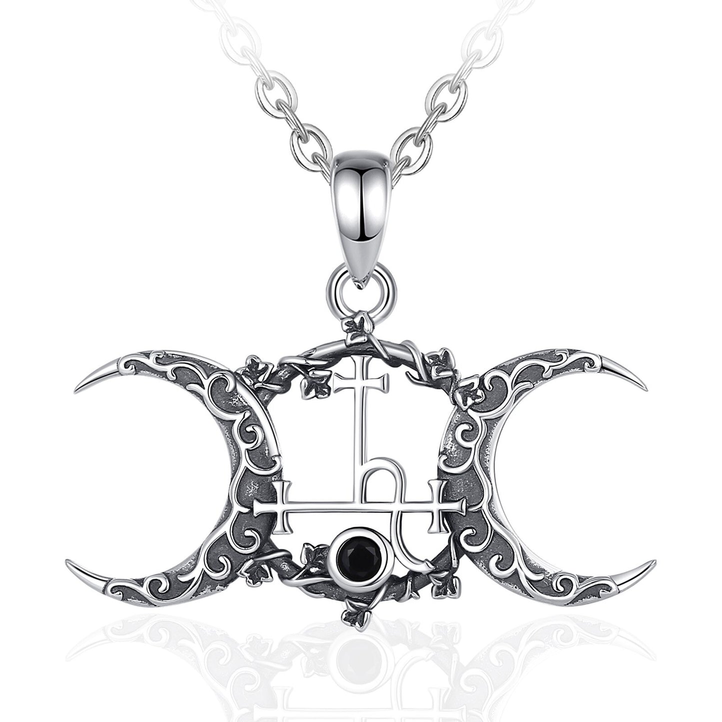Exquisite 925 Sterling Silver Triple Moon Goddess Necklace with powerful Lilith Sigil and black stone.