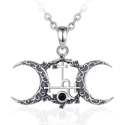 Exquisite 925 Sterling Silver Triple Moon Goddess Necklace with powerful Lilith Sigil and black stone.