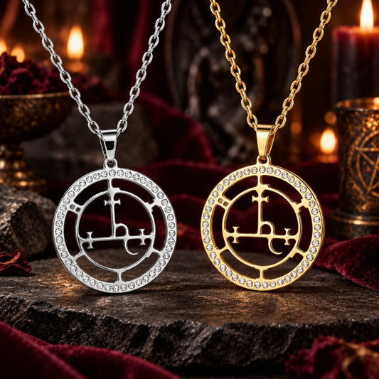 Silver and gold Lilith sigil necklace with zircon details in a dark altar setting