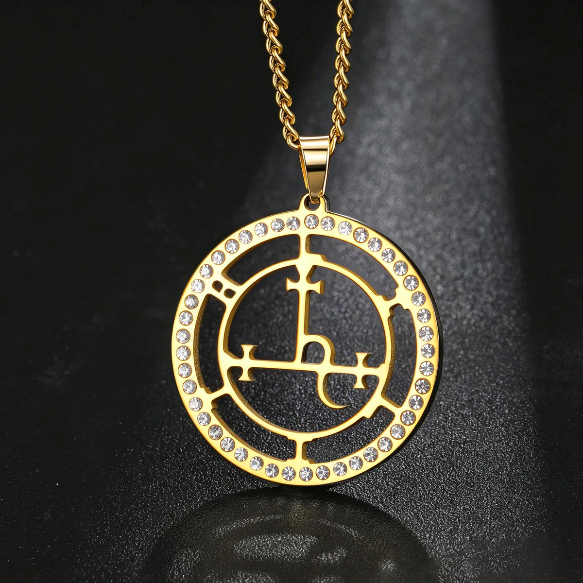 Lilith necklace shown at an angle to reveal the cut-through design