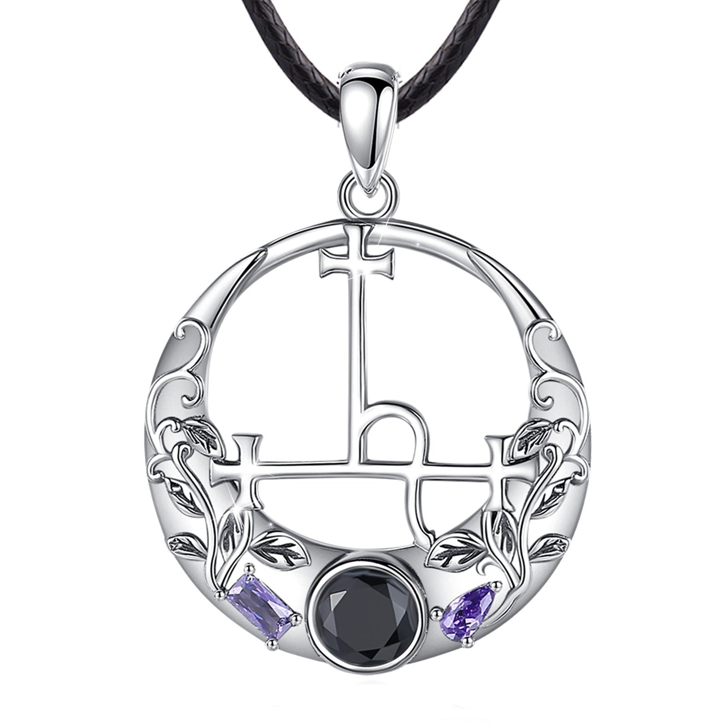 Sterling silver Lilith Sigil Wiccan necklace with black and purple gemstones on a black cord.