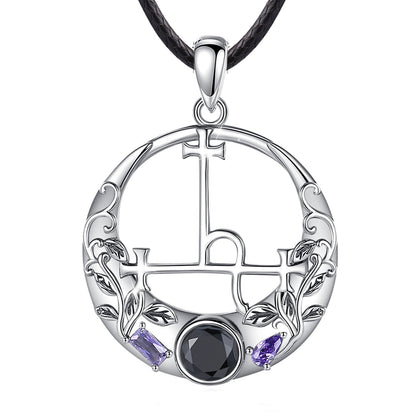 Sterling silver Lilith Sigil Wiccan necklace with black and purple gemstones on a black cord.