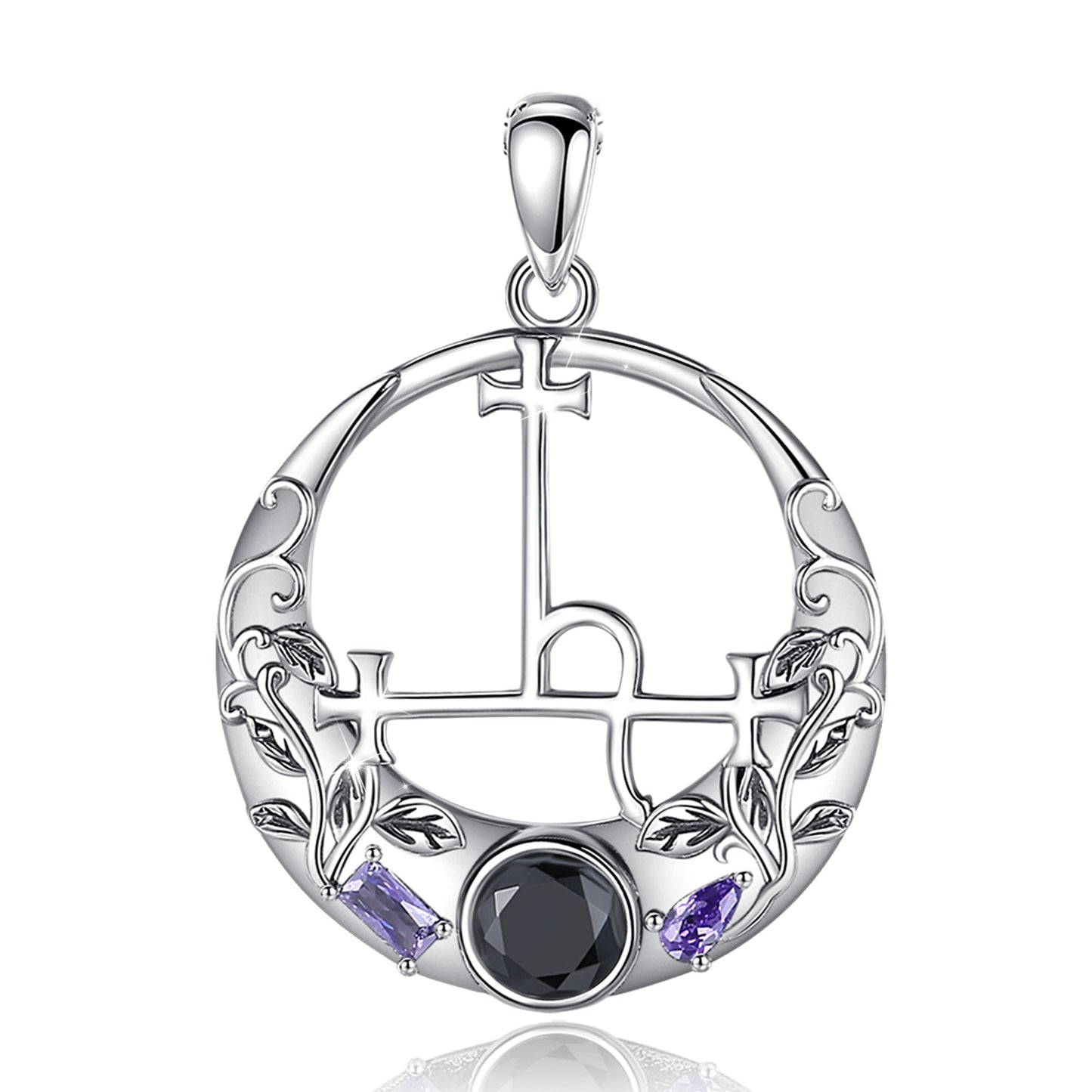 Sterling silver Lilith Sigil Wiccan necklace pendant with black and purple gemstones, intricate floral details.